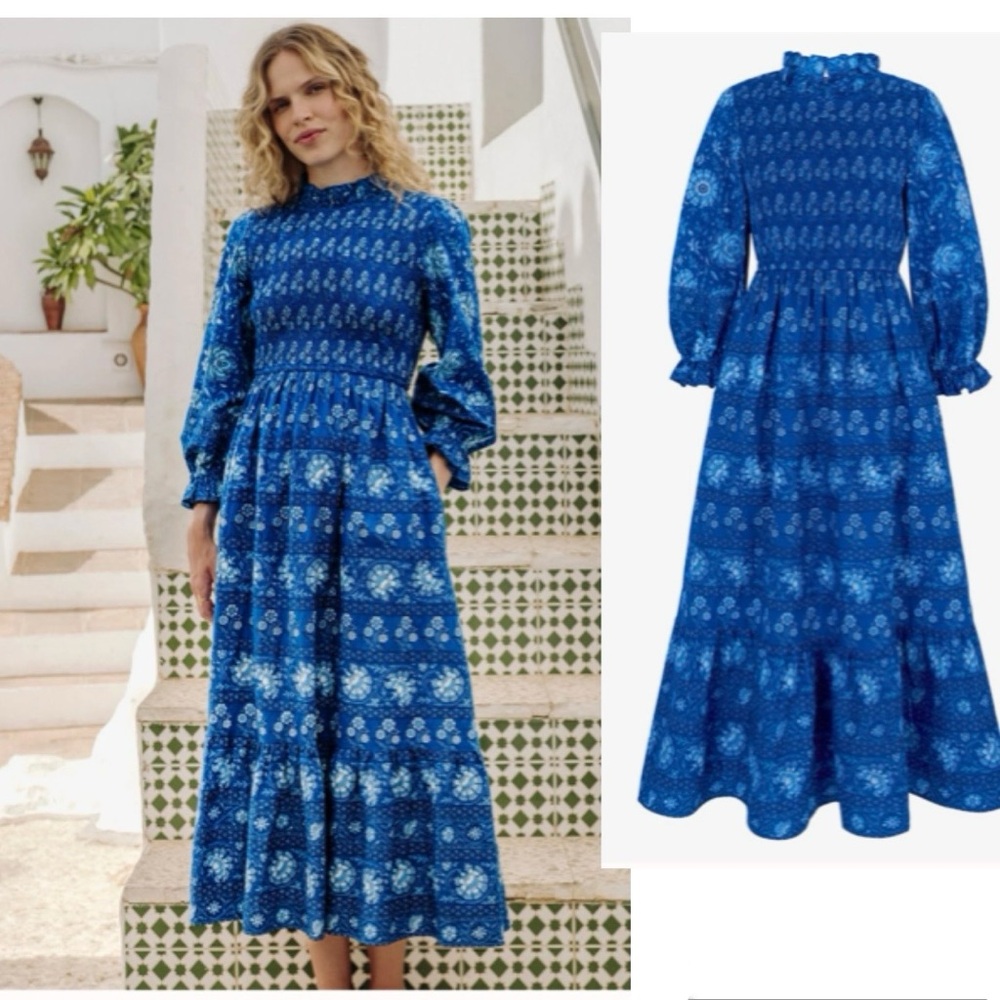 Tuckernuck Dress Pink City Prints Isabel Maxi Smocked Tiered Ruffle Indigo Blue